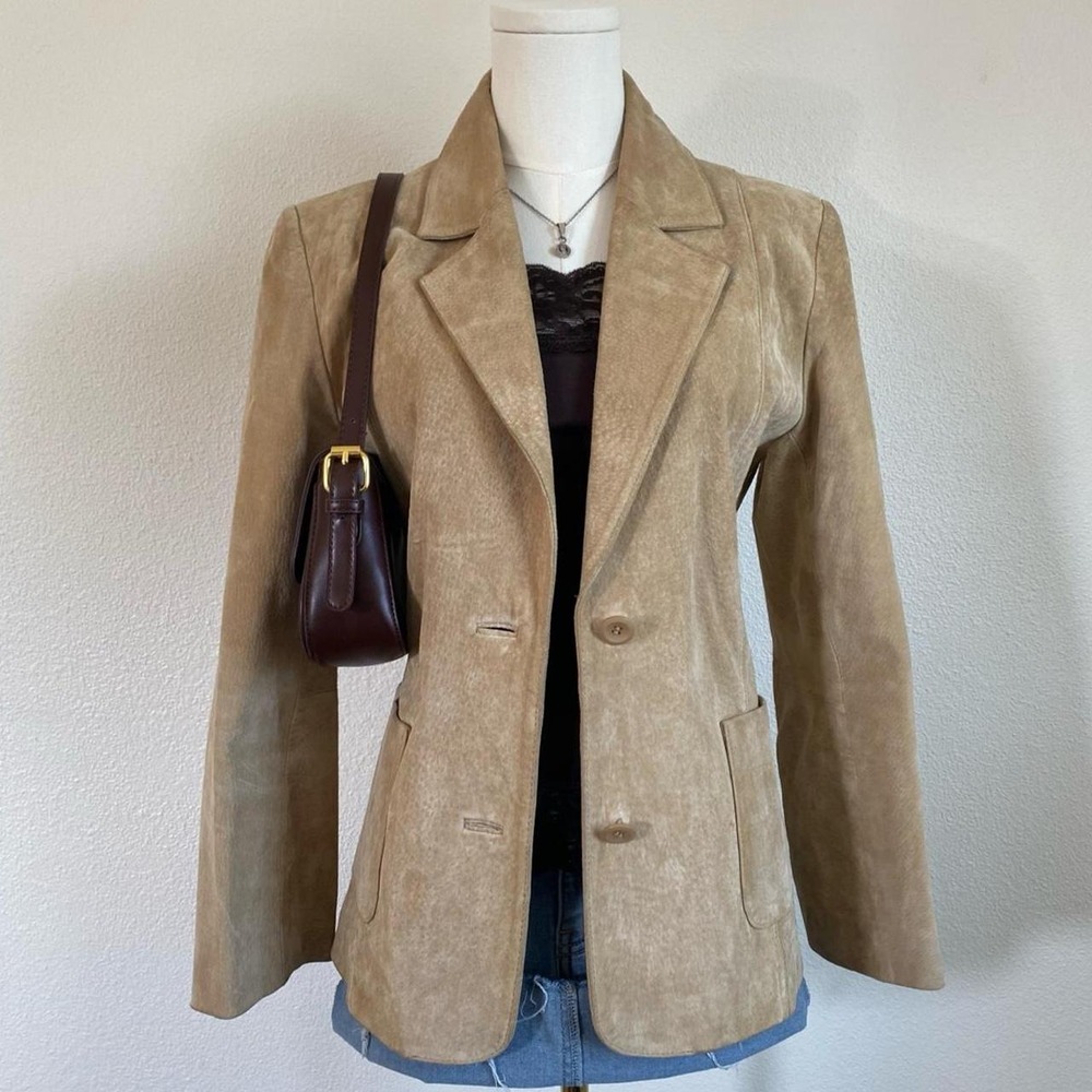 Vintage Y2K Wet Seal Tan Suede Leather Coat Jacket Blazer Office Preppy